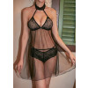 High Neck Sheer Mesh and Lace Black Babydoll 