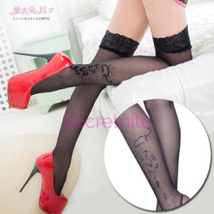 Sheer Silicone Lace Top Stocking with Floral Flocking